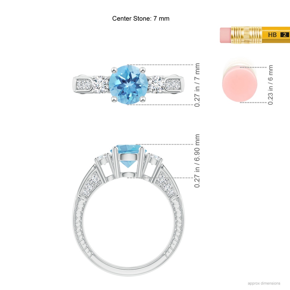 7mm A Three Stone Round Swiss Blue Topaz and Diamond Ring in White Gold ruler