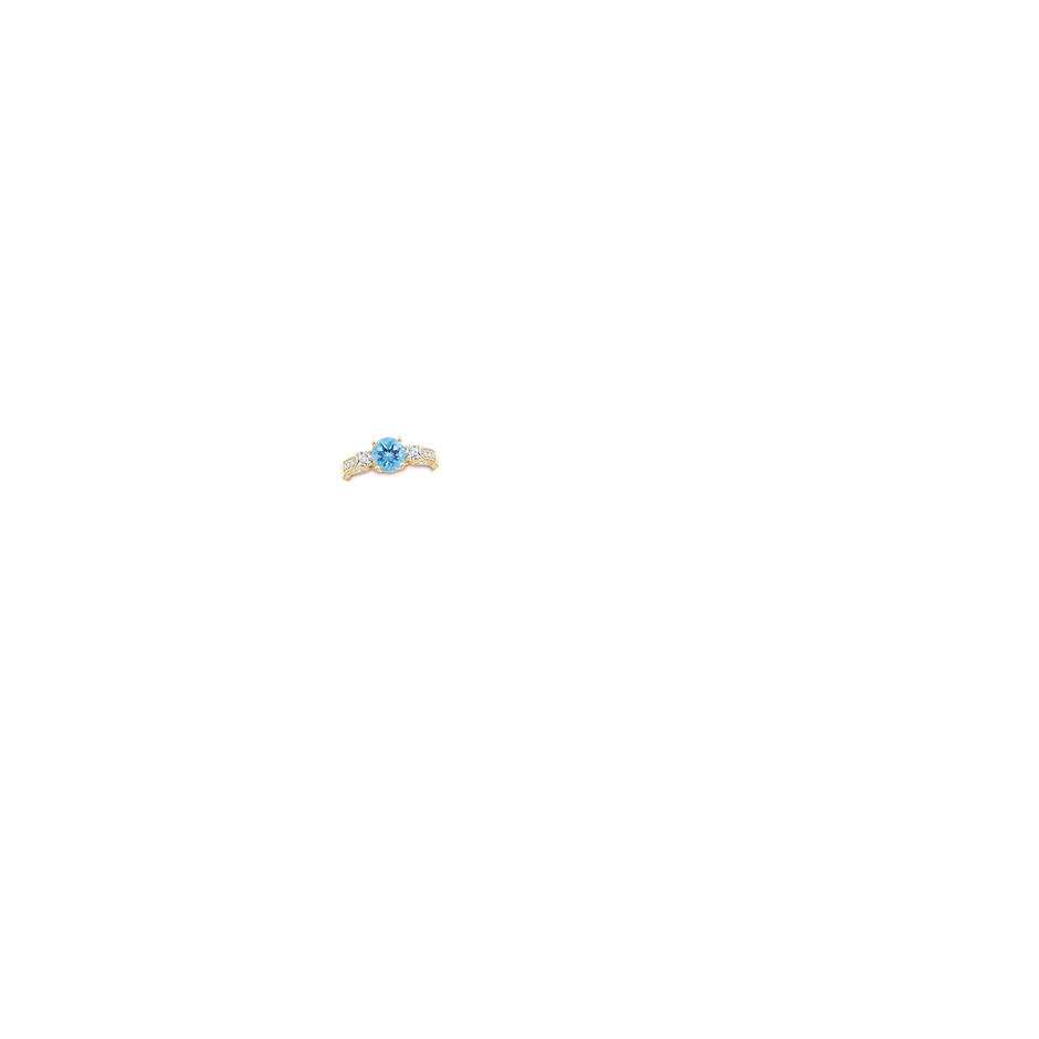 7mm A Three Stone Round Swiss Blue Topaz and Diamond Ring in Yellow Gold body-hand