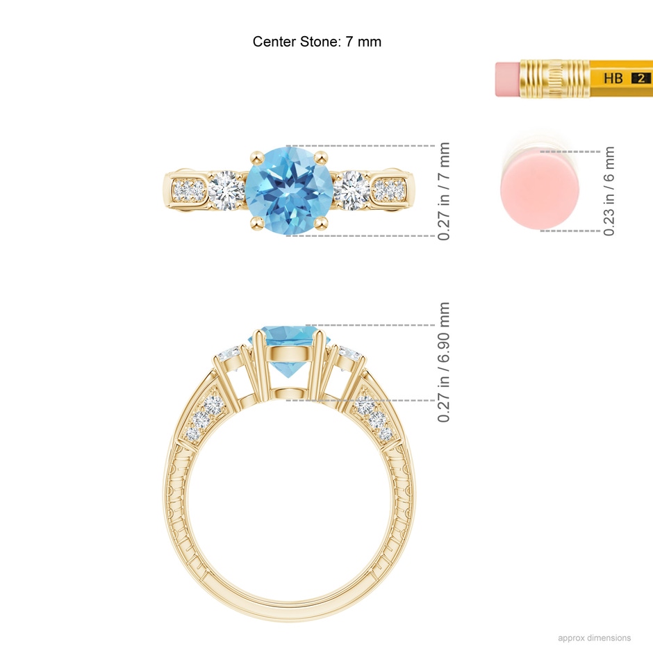 7mm A Three Stone Round Swiss Blue Topaz and Diamond Ring in Yellow Gold ruler