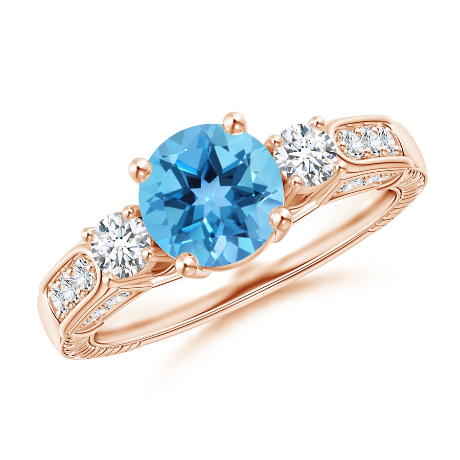 7mm AA Three Stone Round Swiss Blue Topaz and Diamond Ring in Rose Gold 