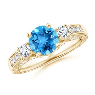 7mm AAA Three Stone Round Swiss Blue Topaz and Diamond Ring in 9K Yellow Gold