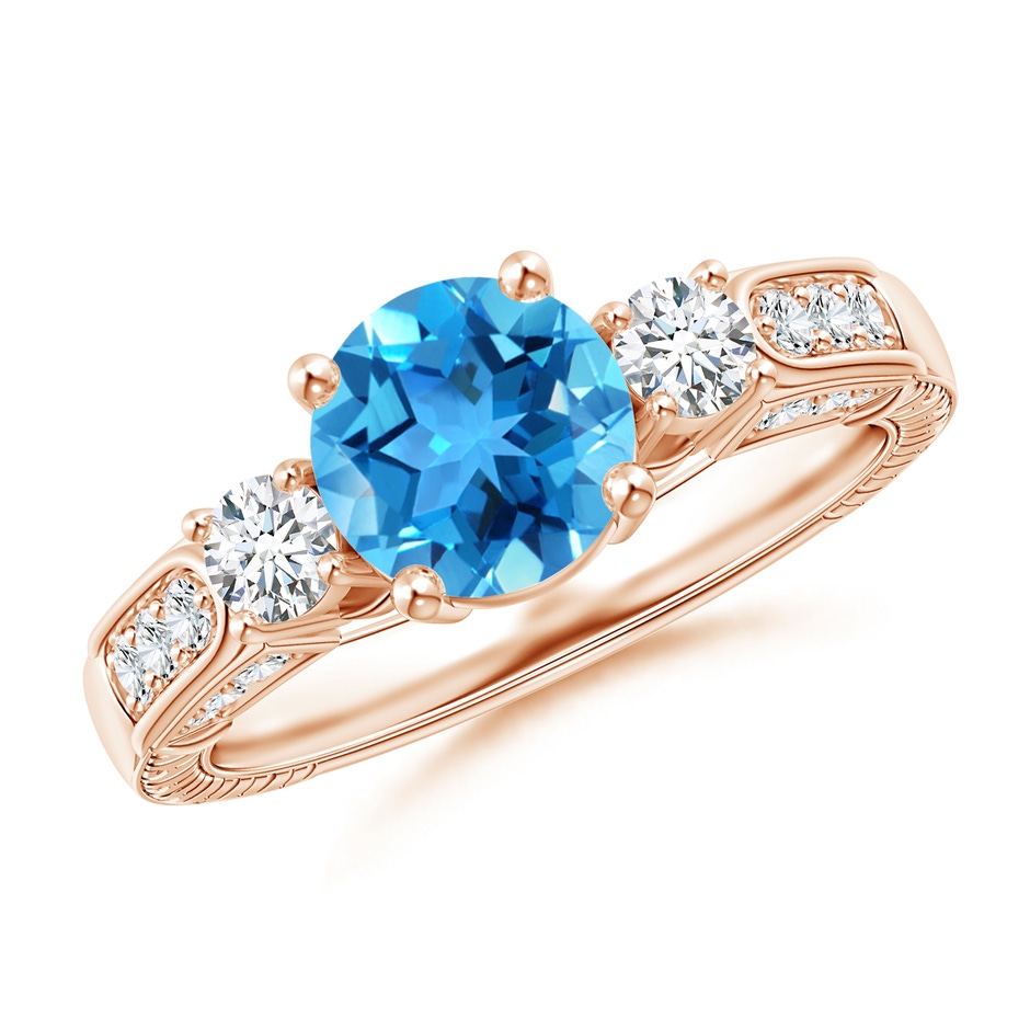 7mm AAA Three Stone Round Swiss Blue Topaz and Diamond Ring in Rose Gold 