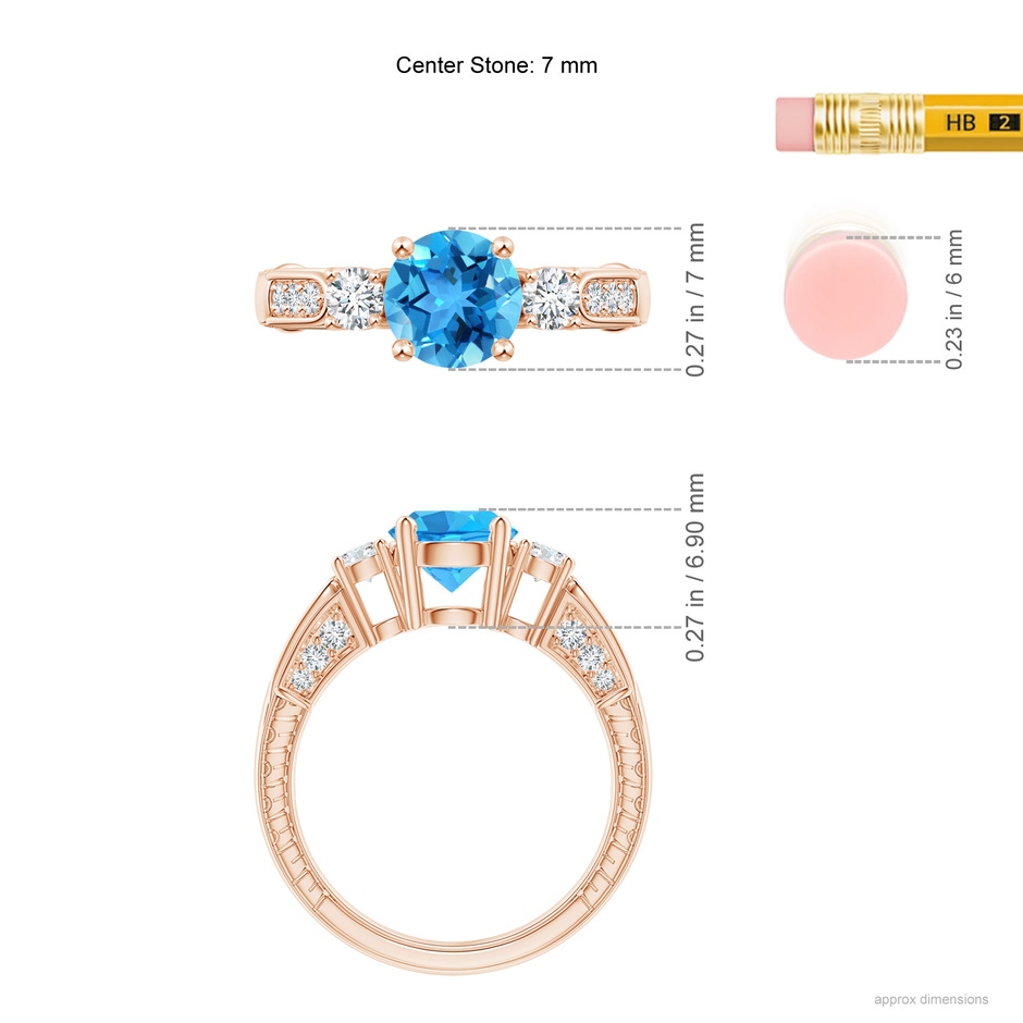 7mm AAA Three Stone Round Swiss Blue Topaz and Diamond Ring in Rose Gold ruler