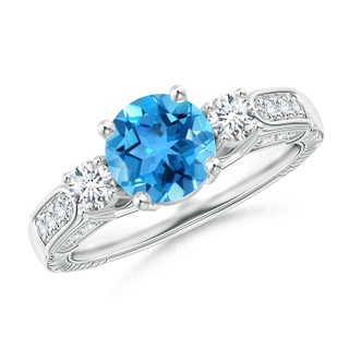 7mm AAA Three Stone Round Swiss Blue Topaz and Diamond Ring in White Gold