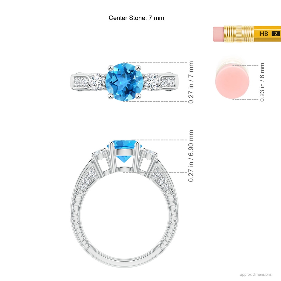 7mm AAA Three Stone Round Swiss Blue Topaz and Diamond Ring in White Gold ruler