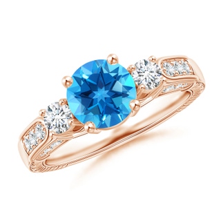 7mm AAAA Three Stone Round Swiss Blue Topaz and Diamond Ring in 10K Rose Gold