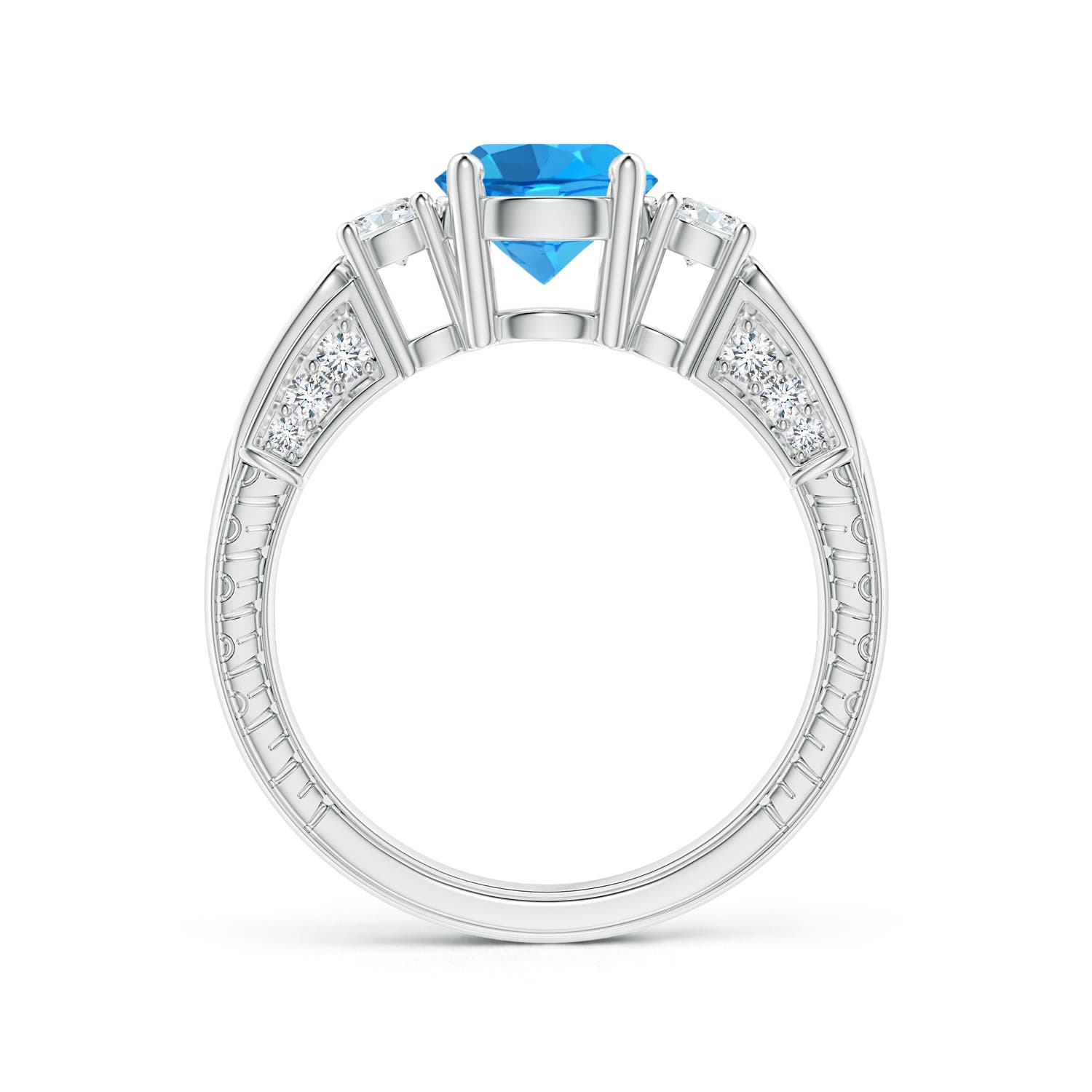 7mm AAAA Three Stone Round Swiss Blue Topaz and Diamond Ring in P950 Platinum