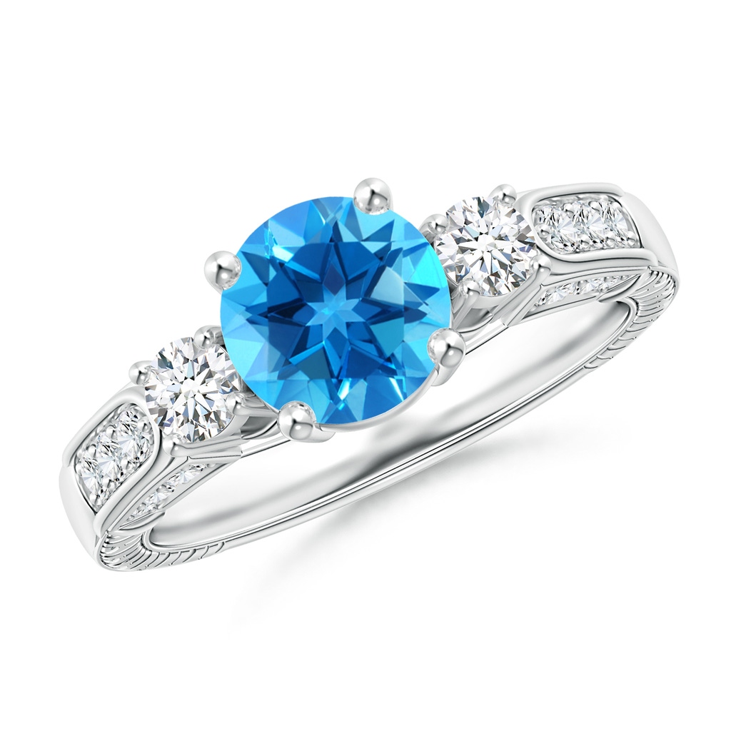 7mm AAAA Three Stone Round Swiss Blue Topaz and Diamond Ring in White Gold