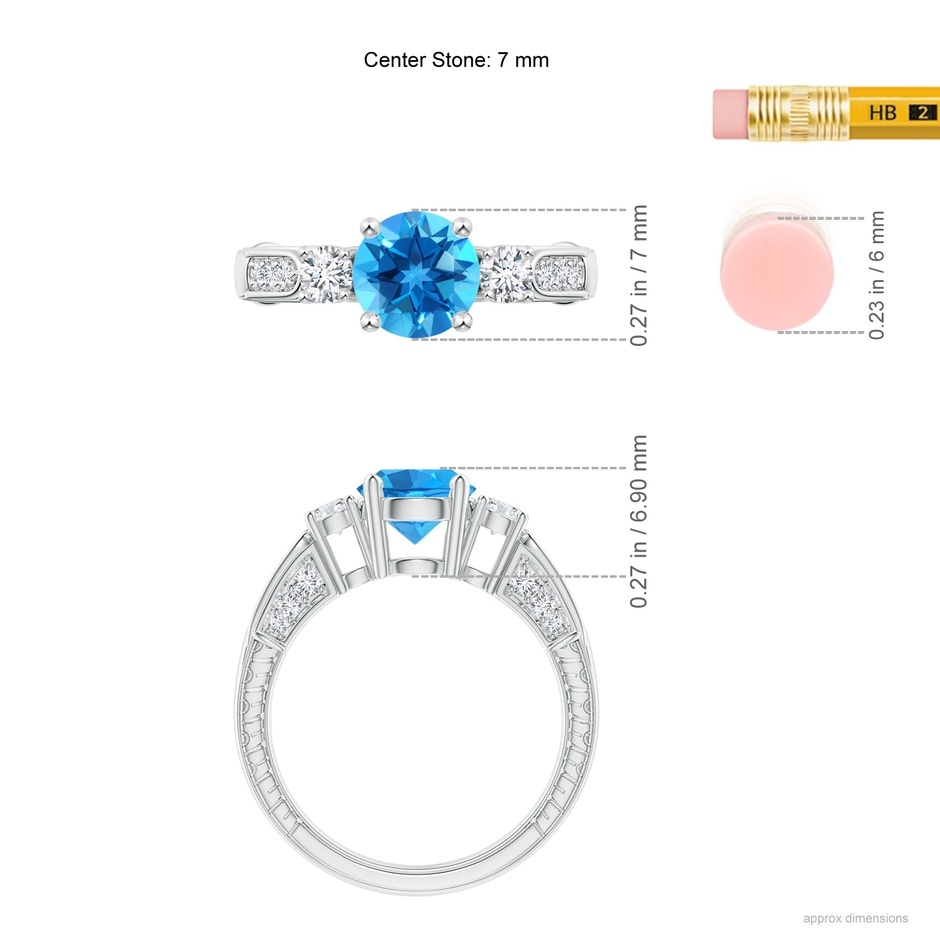 7mm AAAA Three Stone Round Swiss Blue Topaz and Diamond Ring in White Gold ruler