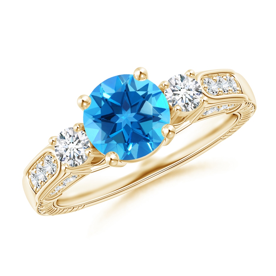 7mm AAAA Three Stone Round Swiss Blue Topaz and Diamond Ring in Yellow Gold 