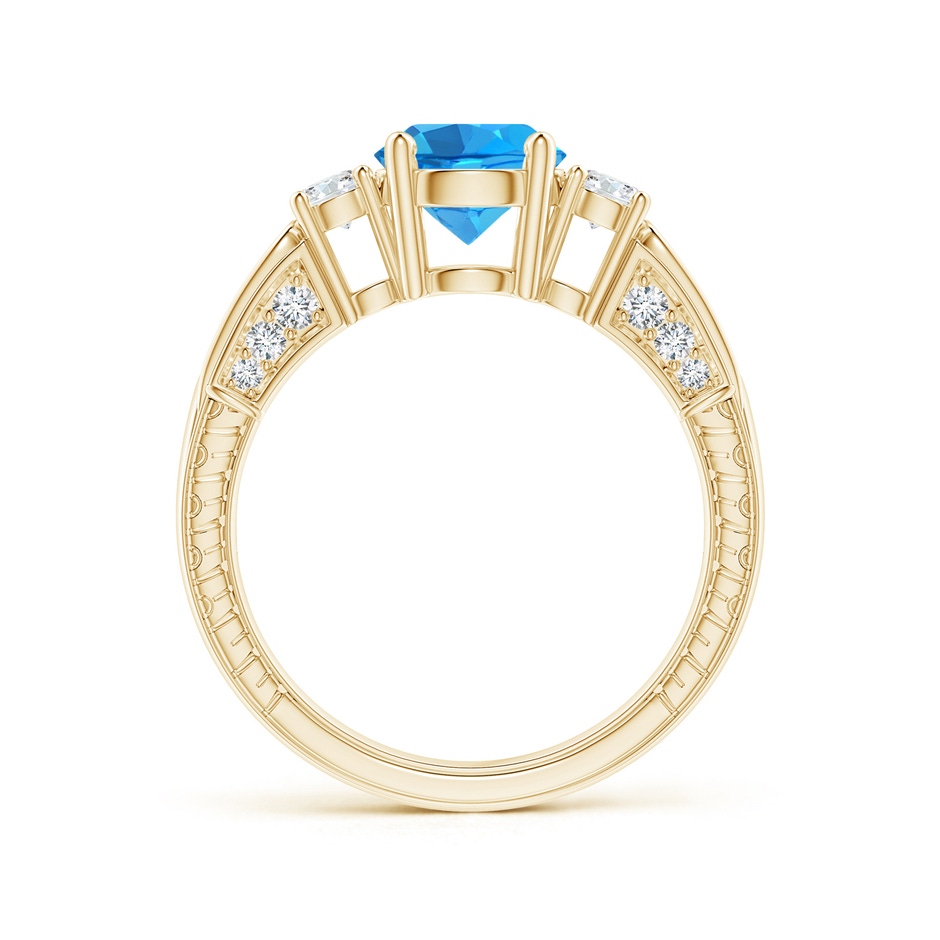 7mm AAAA Three Stone Round Swiss Blue Topaz and Diamond Ring in Yellow Gold side-1