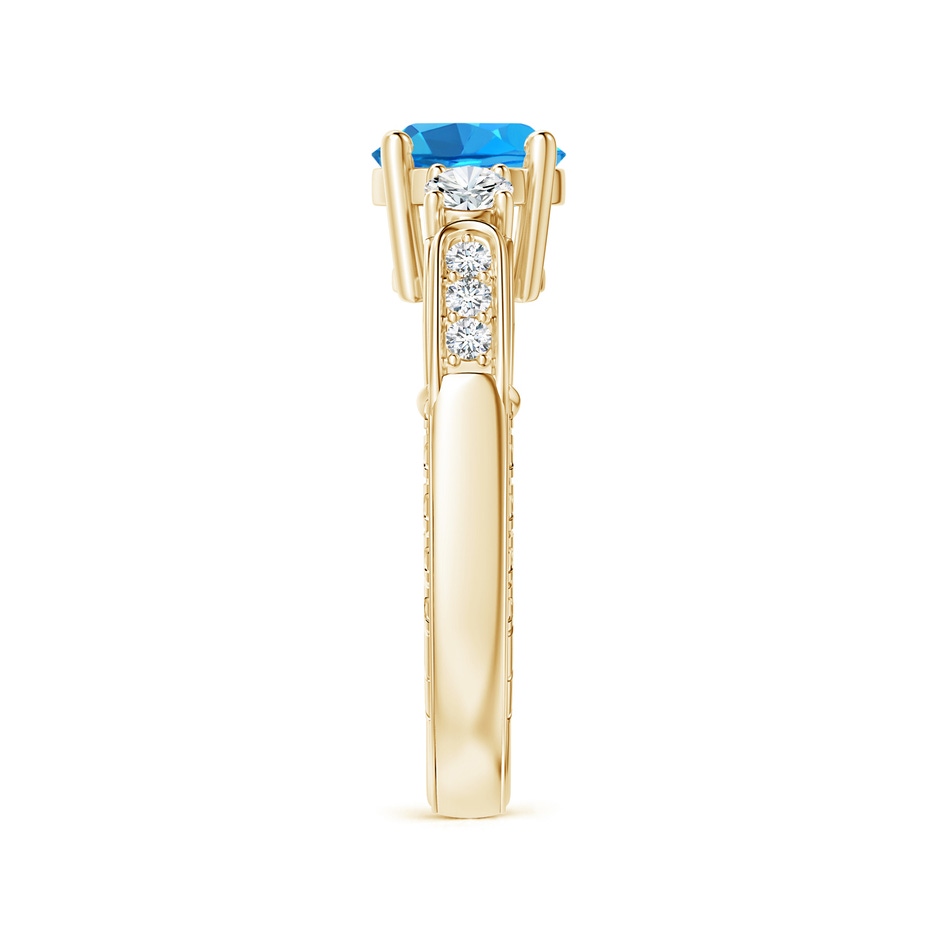 7mm AAAA Three Stone Round Swiss Blue Topaz and Diamond Ring in Yellow Gold side-2
