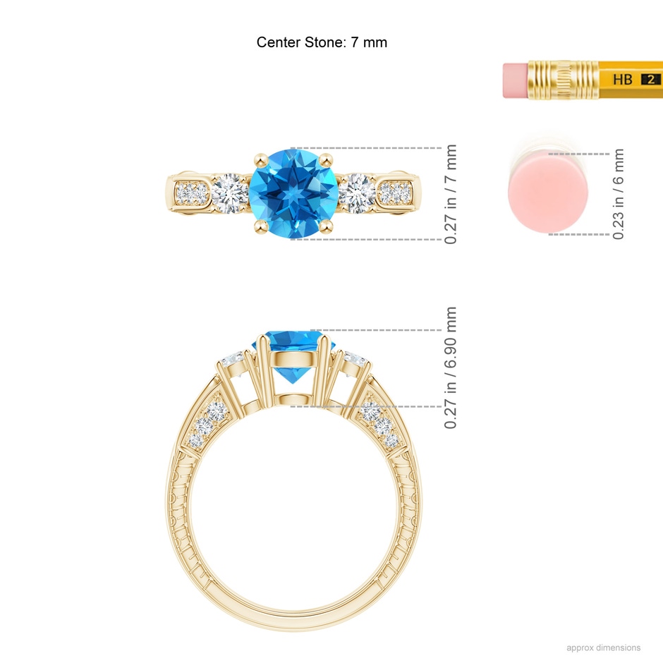 7mm AAAA Three Stone Round Swiss Blue Topaz and Diamond Ring in Yellow Gold ruler