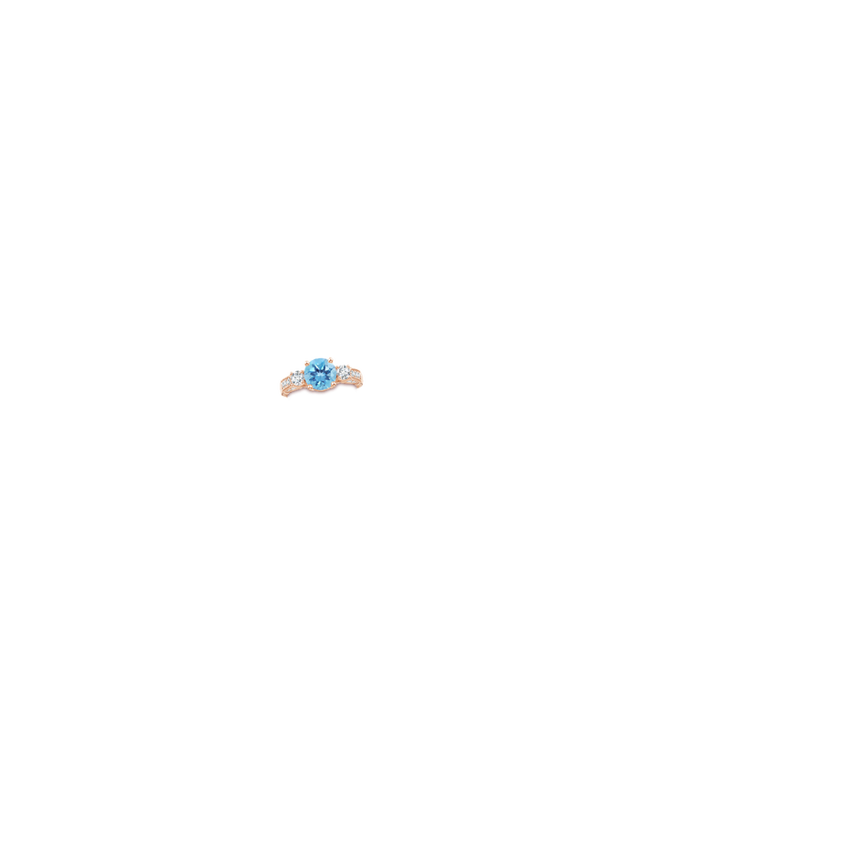 8mm A Three Stone Round Swiss Blue Topaz and Diamond Ring in Rose Gold body-hand
