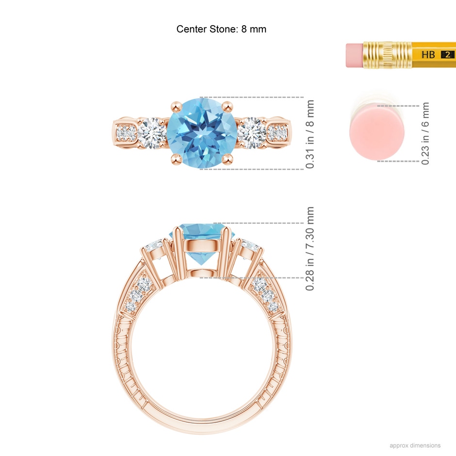 8mm A Three Stone Round Swiss Blue Topaz and Diamond Ring in Rose Gold ruler