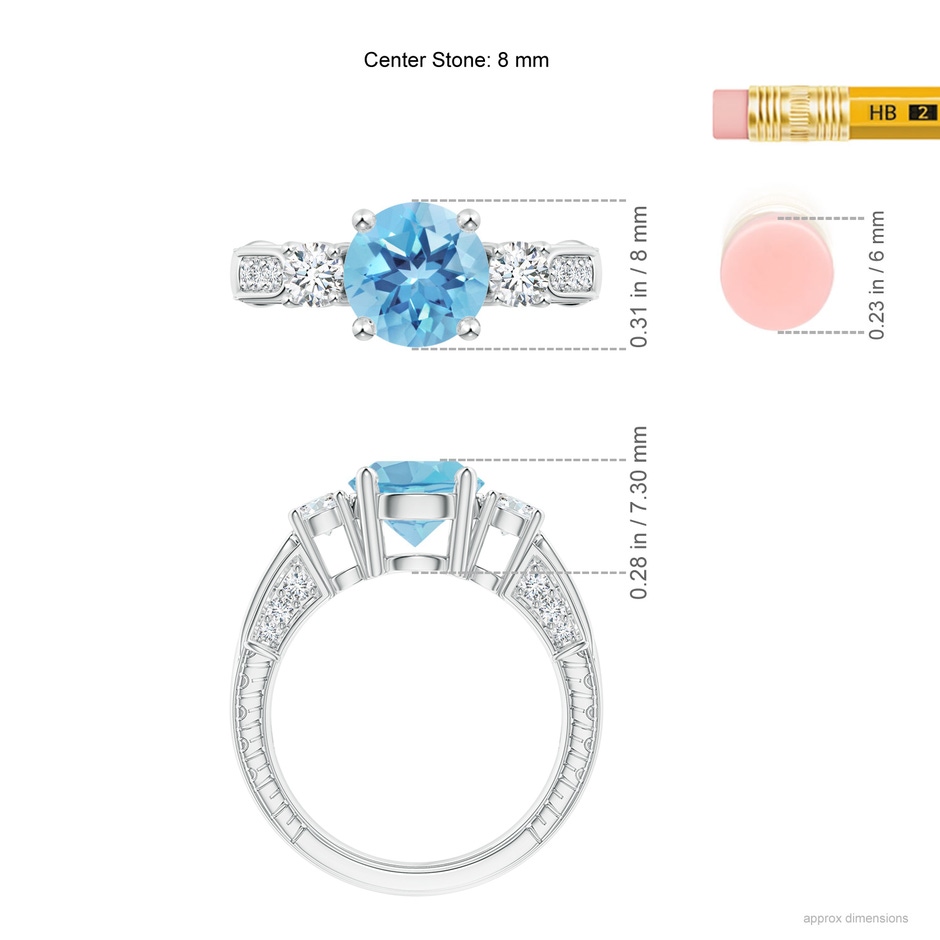 8mm A Three Stone Round Swiss Blue Topaz and Diamond Ring in White Gold ruler
