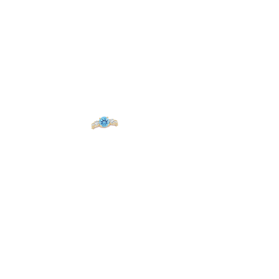 8mm A Three Stone Round Swiss Blue Topaz and Diamond Ring in Yellow Gold body-hand