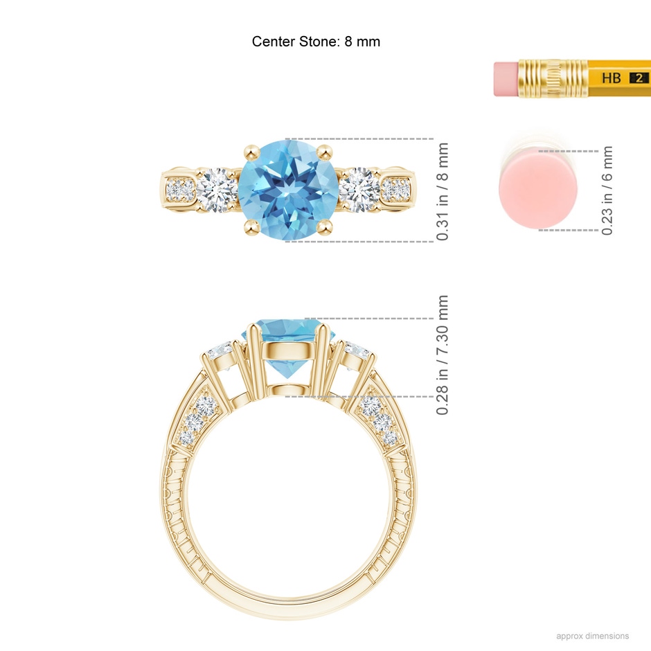 8mm A Three Stone Round Swiss Blue Topaz and Diamond Ring in Yellow Gold ruler