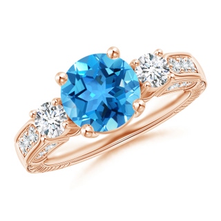 8mm AAA Three Stone Round Swiss Blue Topaz and Diamond Ring in Rose Gold