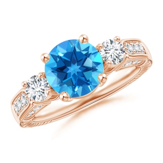 8mm AAAA Three Stone Round Swiss Blue Topaz and Diamond Ring in Rose Gold