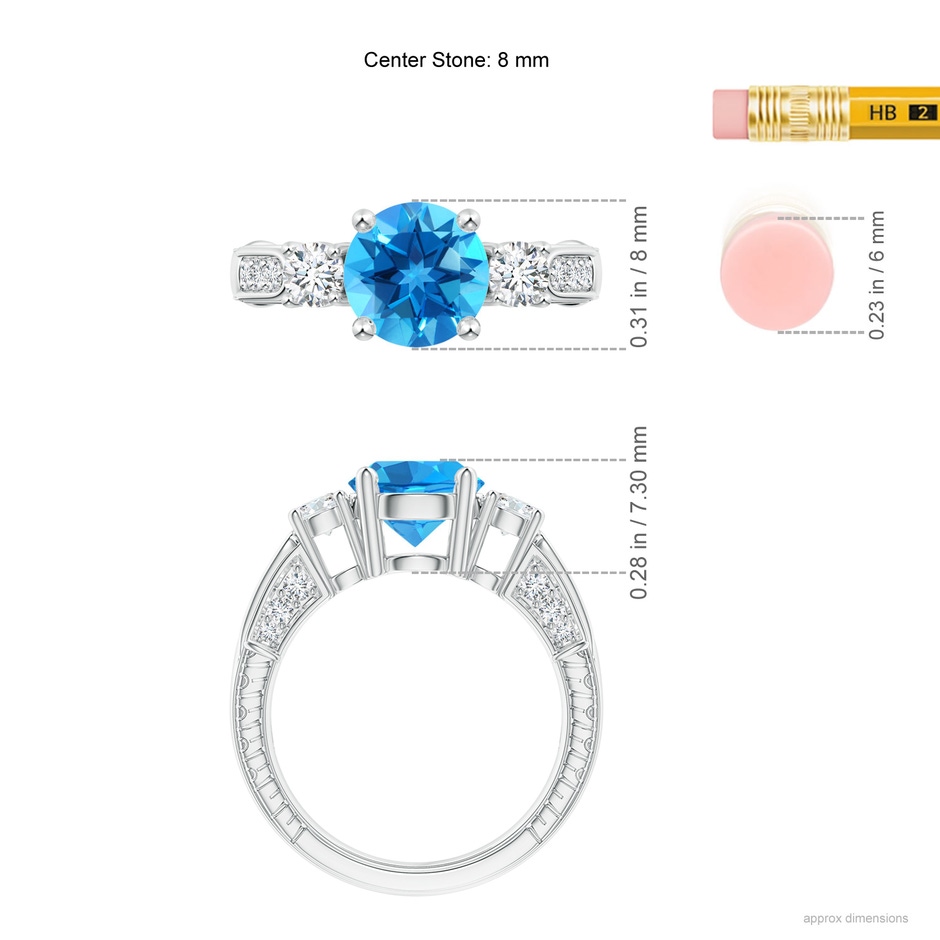 8mm AAAA Three Stone Round Swiss Blue Topaz and Diamond Ring in White Gold ruler