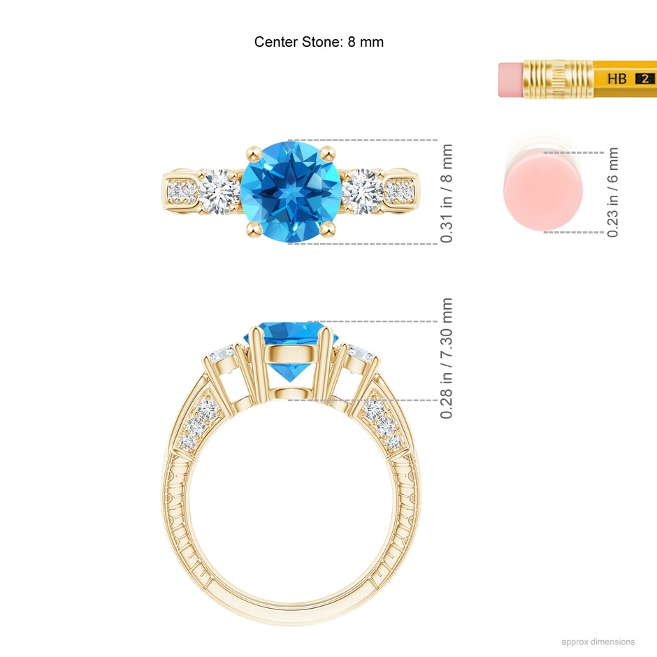 8mm AAAA Three Stone Round Swiss Blue Topaz and Diamond Ring in Yellow Gold ruler