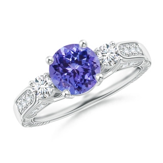 7mm AA Three Stone Round Tanzanite and Diamond Ring in White Gold