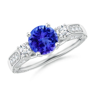 7mm AAA Three Stone Round Tanzanite and Diamond Ring in 9K White Gold