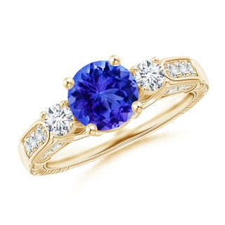 7mm AAA Three Stone Round Tanzanite and Diamond Ring in 9K Yellow Gold