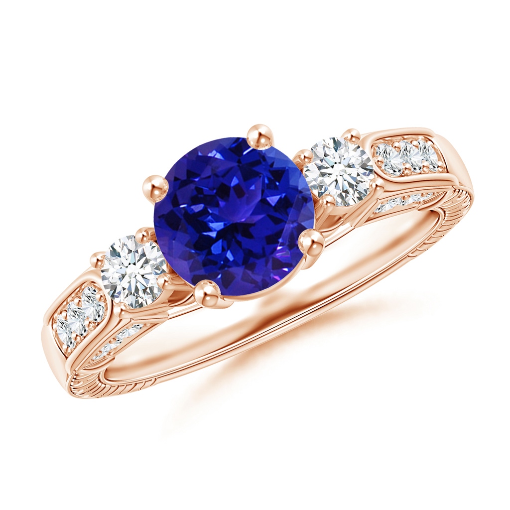 7mm AAAA Three Stone Round Tanzanite and Diamond Ring in Rose Gold