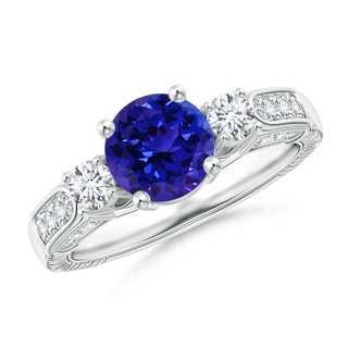 7mm AAAA Three Stone Round Tanzanite and Diamond Ring in White Gold