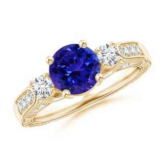 7mm AAAA Three Stone Round Tanzanite and Diamond Ring in Yellow Gold