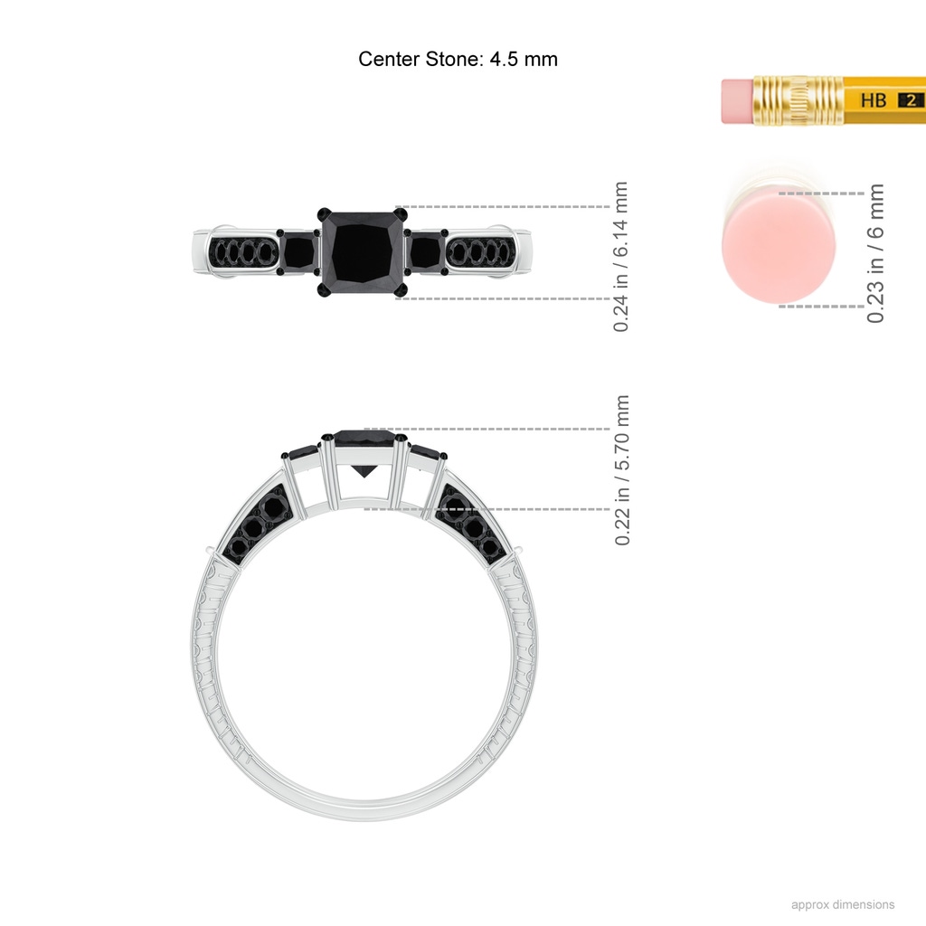 4.5mm AA Princess-Cut Black Diamond Three Stone Ring in White Gold Ruler