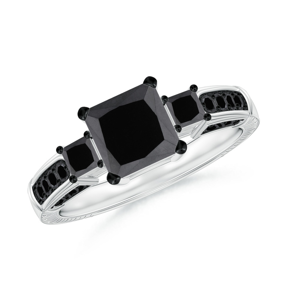 6.2mm AA Princess-Cut Black Diamond Three Stone Ring in White Gold 