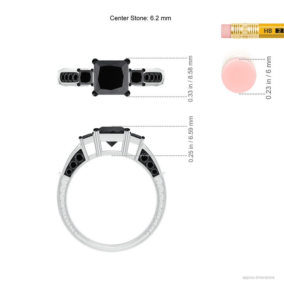 6.2mm AA Princess-Cut Black Diamond Three Stone Ring in White Gold ruler