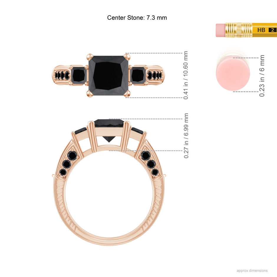 7.3mm AA Princess-Cut Black Diamond Three Stone Ring in Rose Gold ruler