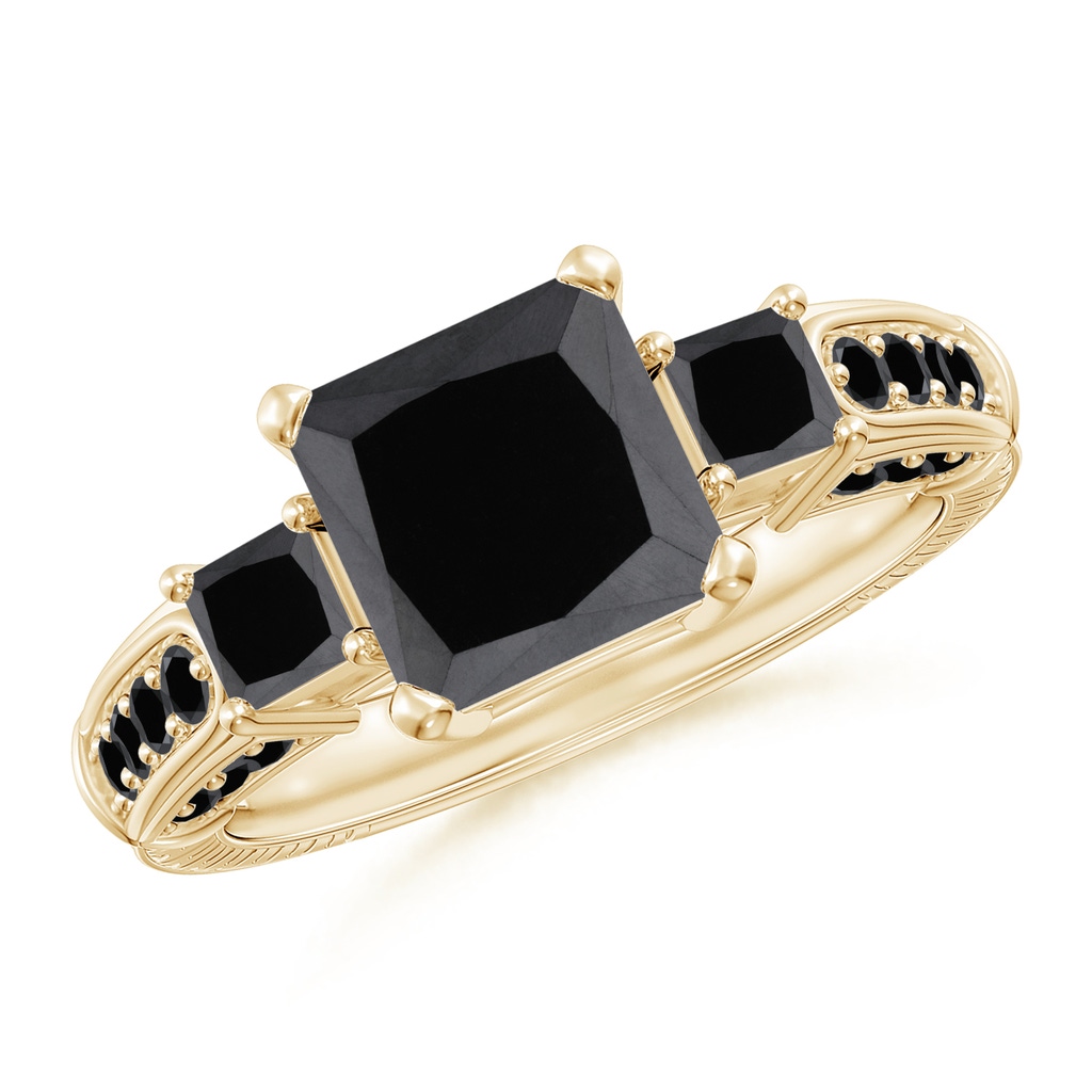 7.3mm AA Princess-Cut Black Diamond Three Stone Ring in Yellow Gold