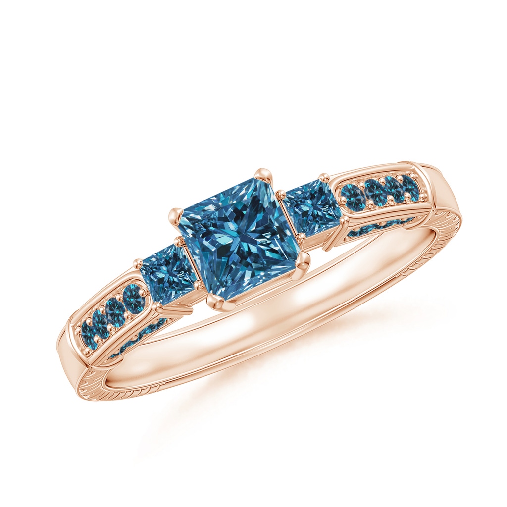 4.5mm AAA Princess-Cut Blue Diamond Three Stone Ring in Rose Gold