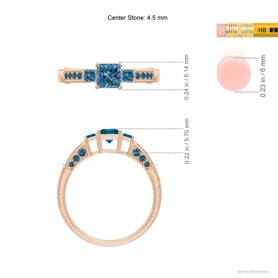 4.5mm AAA Princess-Cut Blue Diamond Three Stone Ring in Rose Gold ruler