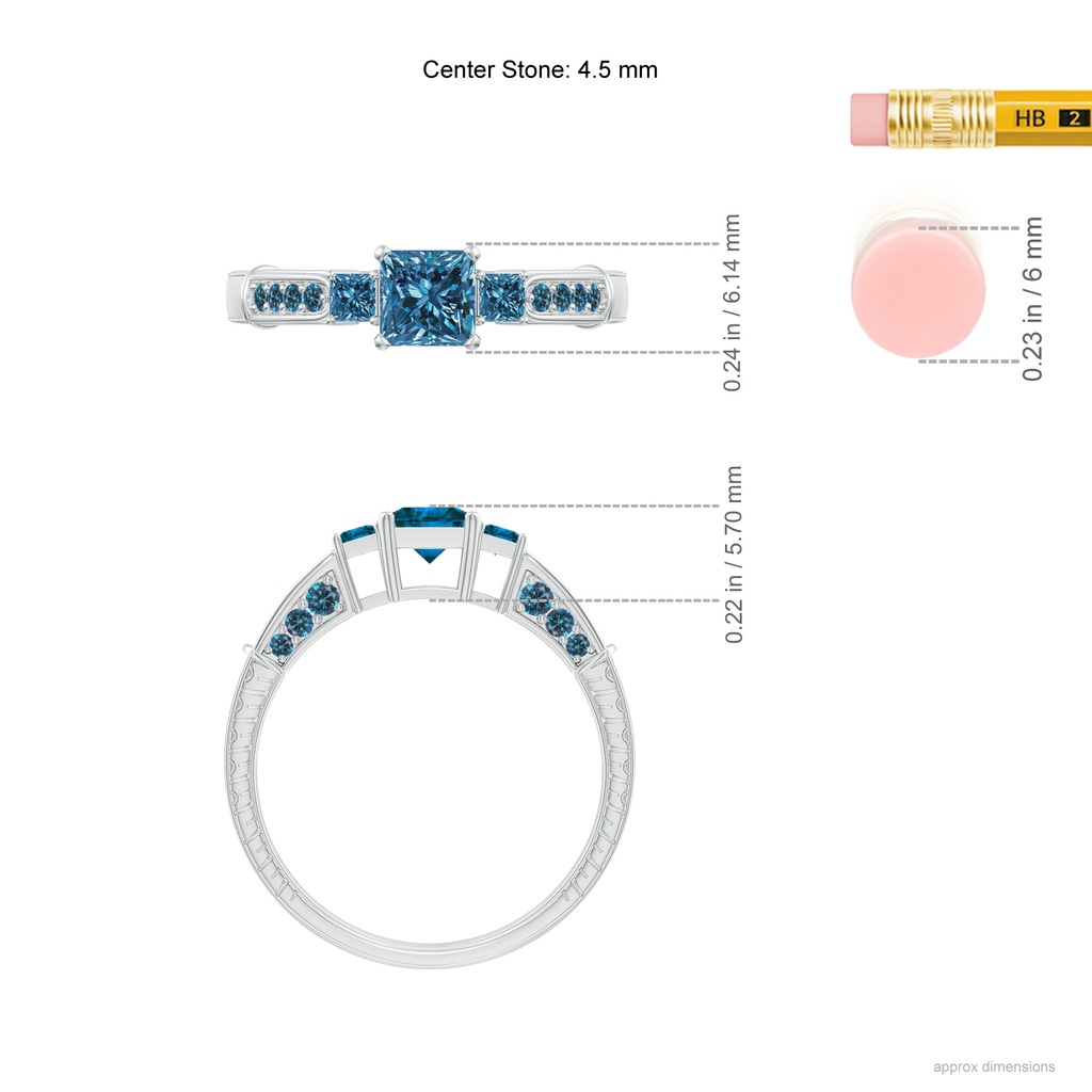 4.5mm AAA Princess-Cut Blue Diamond Three Stone Ring in White Gold Ruler