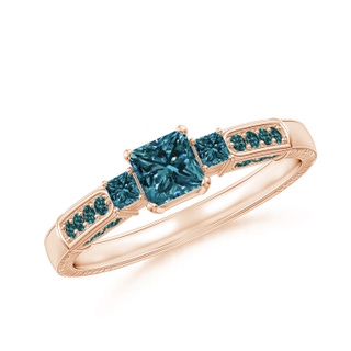 4mm AA Princess-Cut Blue Diamond Three Stone Ring in Rose Gold