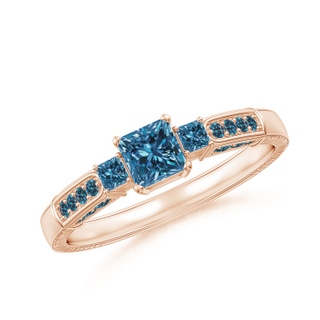 4mm AAA Princess-Cut Blue Diamond Three Stone Ring in 9K Rose Gold