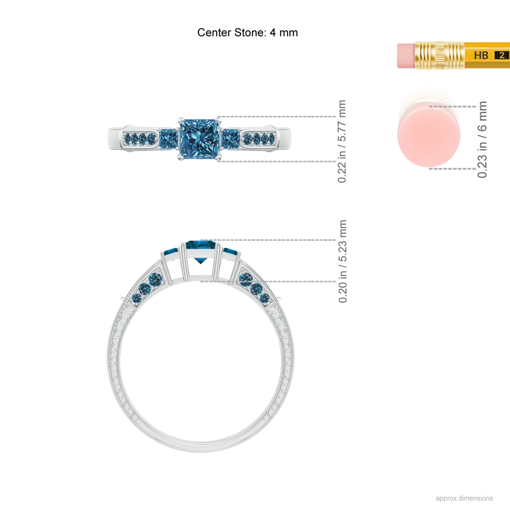 4mm AAA Princess-Cut Blue Diamond Three Stone Ring in P950 Platinum Ruler