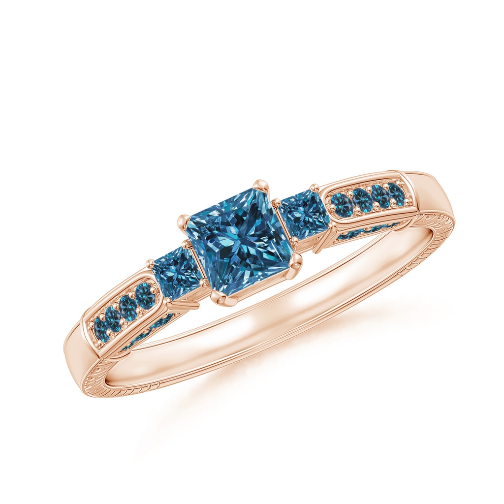 4mm AAA Princess-Cut Blue Diamond Three Stone Ring in Rose Gold