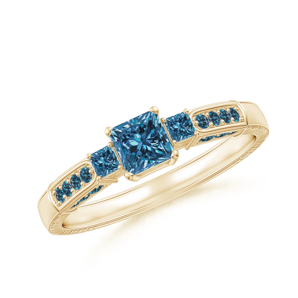 4mm AAA Princess-Cut Blue Diamond Three Stone Ring in Yellow Gold