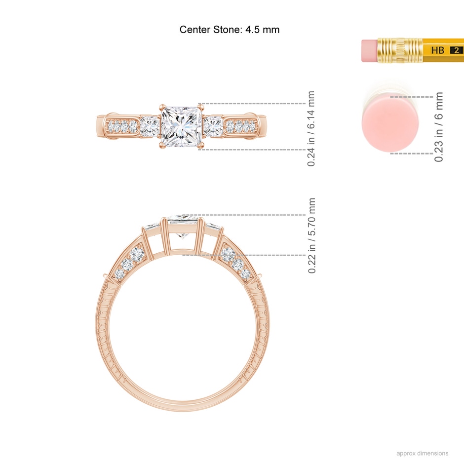 4.5mm GVS2 Princess-Cut Diamond Three Stone Ring in Rose Gold ruler