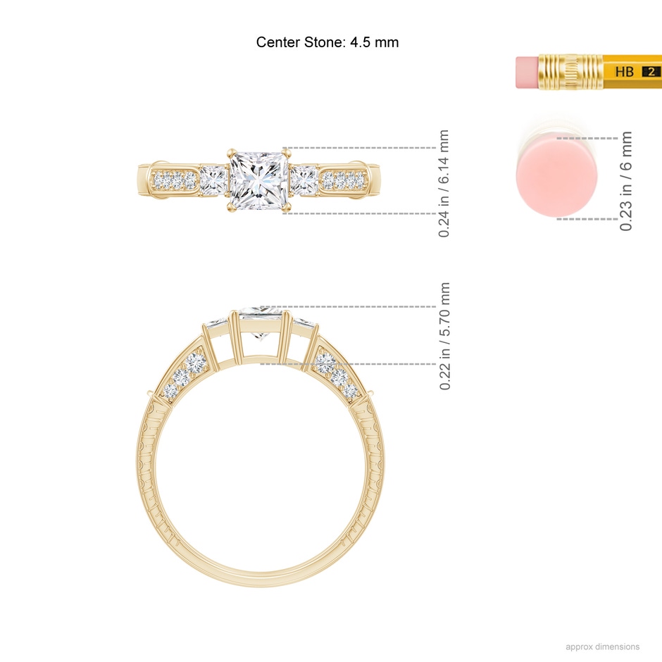 4.5mm GVS2 Princess-Cut Diamond Three Stone Ring in Yellow Gold ruler