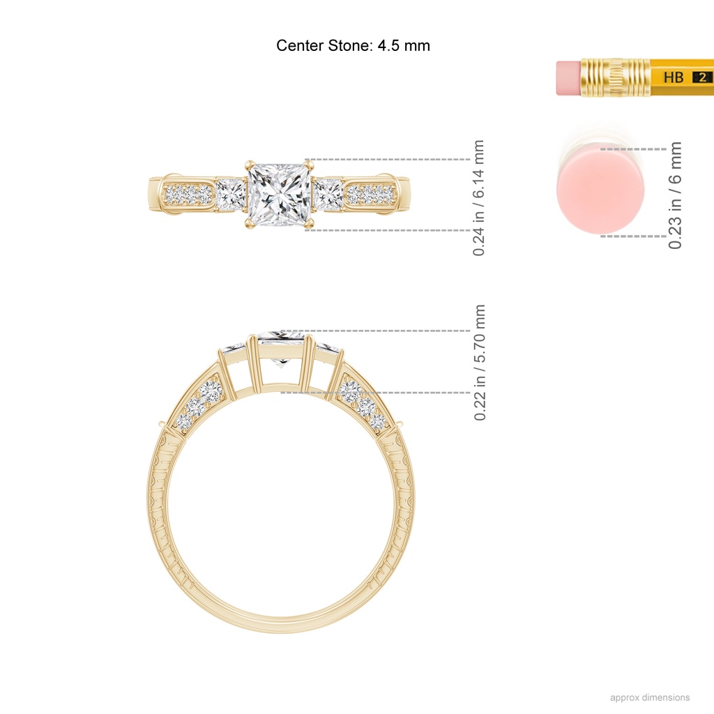 4.5mm HSI2 Princess-Cut Diamond Three Stone Ring in Yellow Gold Ruler