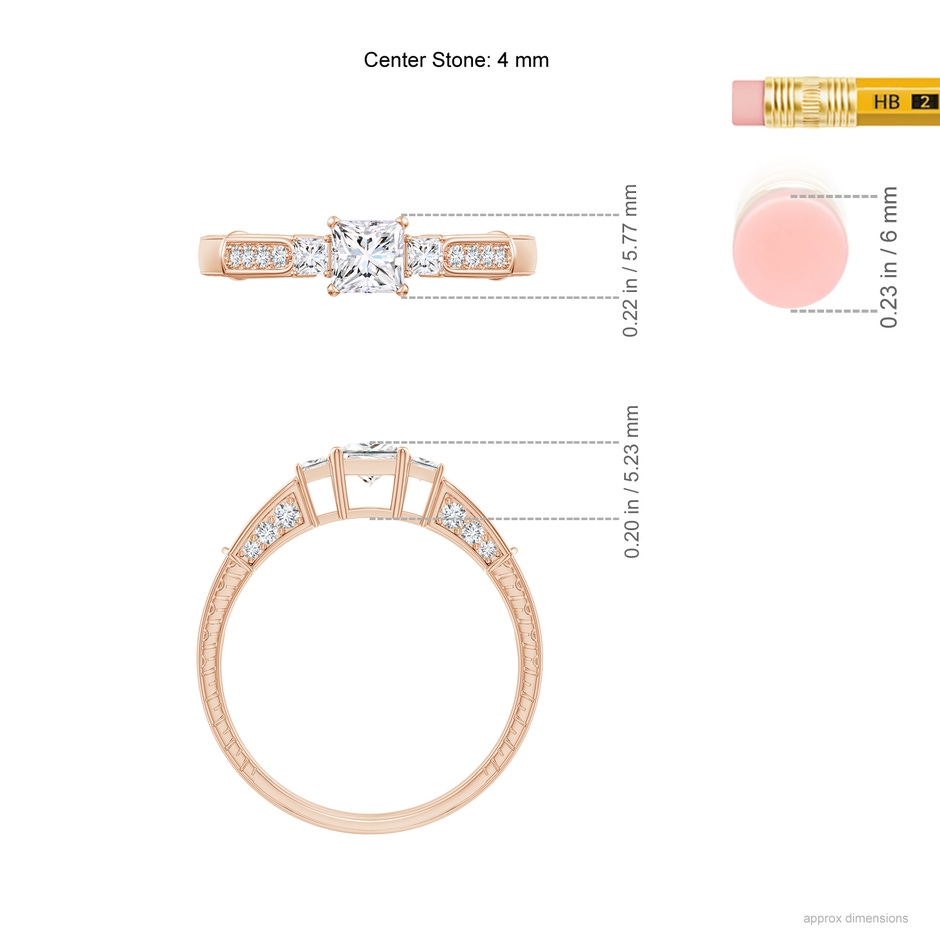 4mm GVS2 Princess-Cut Diamond Three Stone Ring in Rose Gold ruler