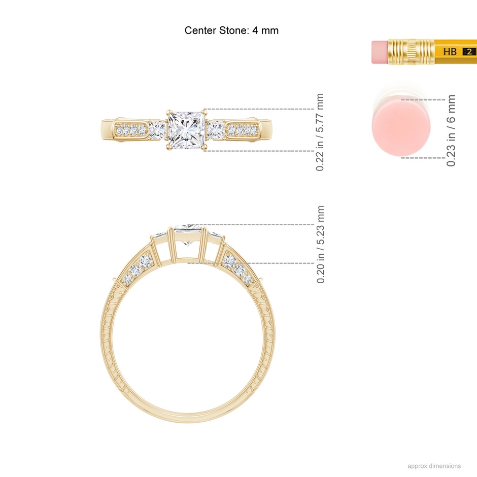 4mm GVS2 Princess-Cut Diamond Three Stone Ring in Yellow Gold ruler